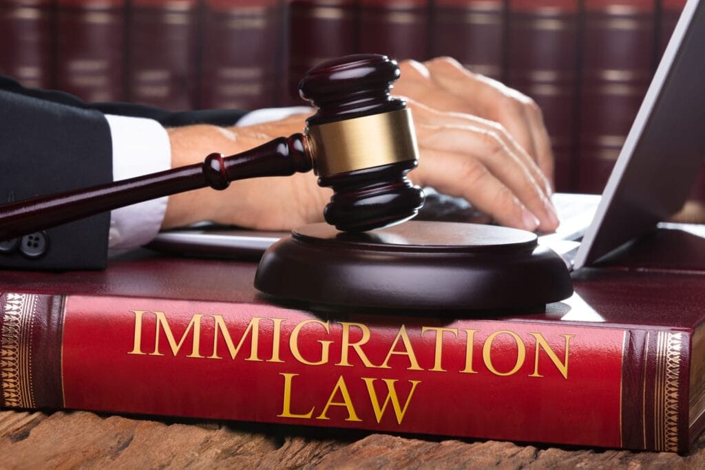 Male With Immigration Law Book Typing On Laptop